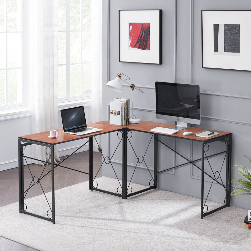 Aleksander Foldable Modular L-Shaped Steel Computer Desk, Brown