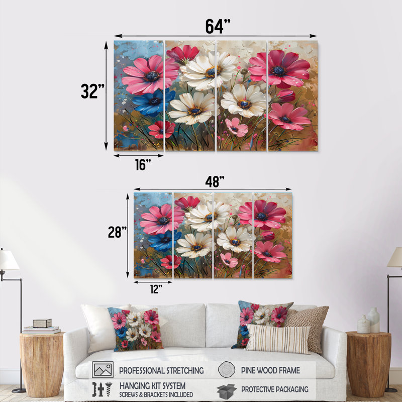 Ensemble de salon art mural bleu et rose avec fleurs bleues et fleuries Beauties I, H 28 po x l 48 po