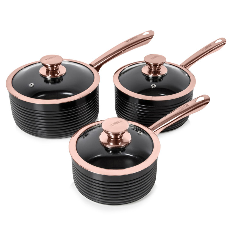 Tower Linear Non Stick Induction Saucepans Sets With Lids, Easy Clean, 3 Piece Set, 16/18/20 cm, Black