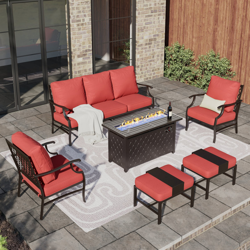 Asfand Outdoor Seating Group with Cushions, Red, Yes