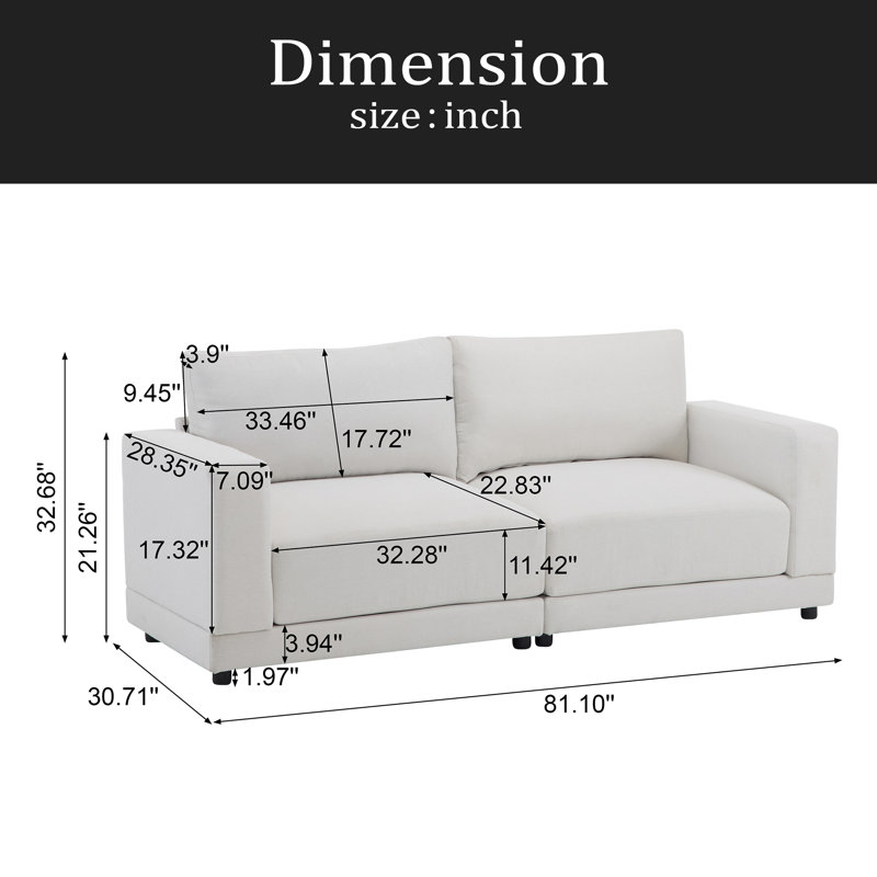 Canapé de 81 po à accoudoirs carrés modernes, coussins profonds et pieds en bois robustes pour le salon ou la chambre à coucher