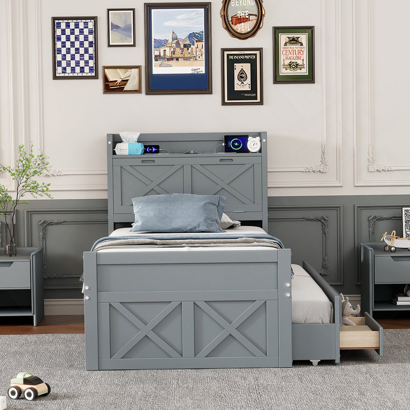 Lit simple en bois avec tête de lit avec rangement et prises de courant, lit extensible avec lit gigogne simple, Gris, Simple
