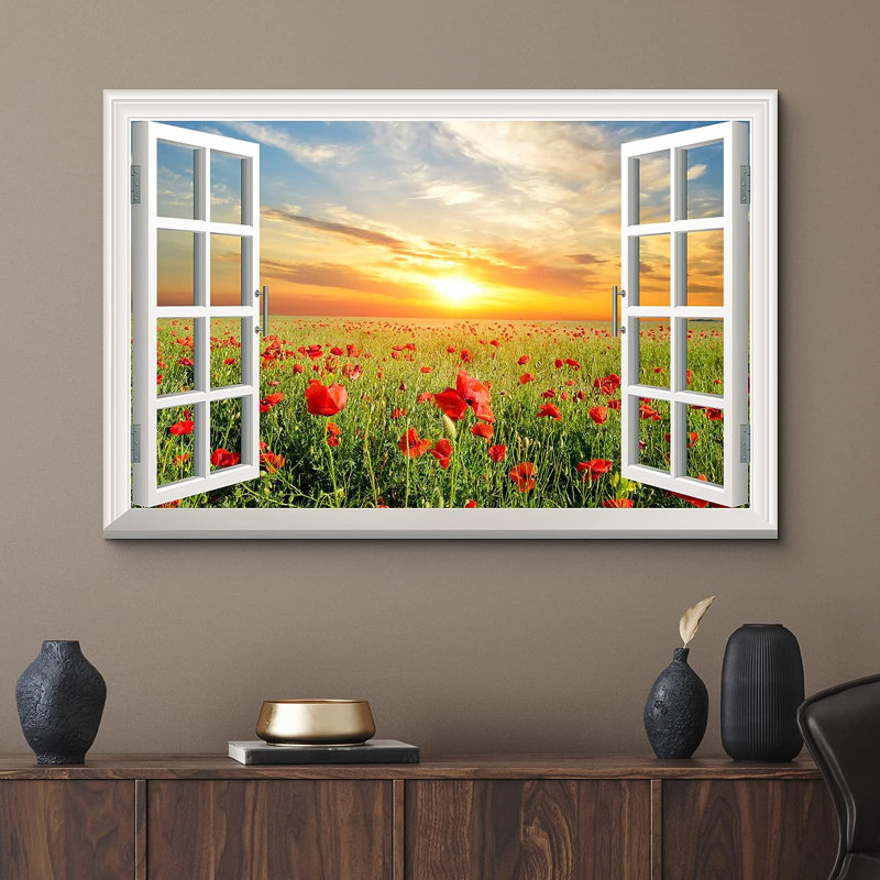 Fenêtre, paysage, coucher de soleil, coquelicot rouge, champ, nature, désert, H 32 po x l 48 po x P 1,5 po