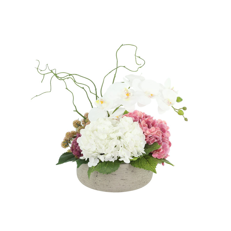 Modern Centerpiece with Orchids and Hydrangeas, Gray, Pink