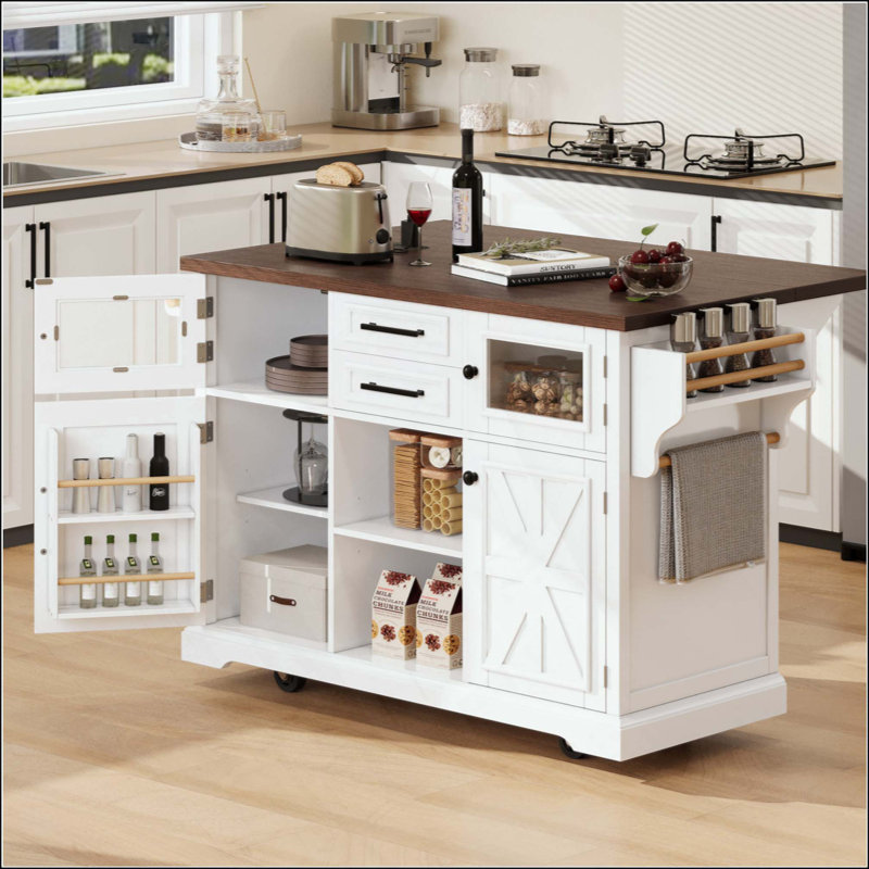 Kitchen Island With Drop Leaf, Power Outlet, Kitchen Storage Cart With 4 Door Shelves, Cross Barn Doors & Visual Glass Door, Rolling Kitchen Island On 4 Wheels For Kitchen, Dining Room