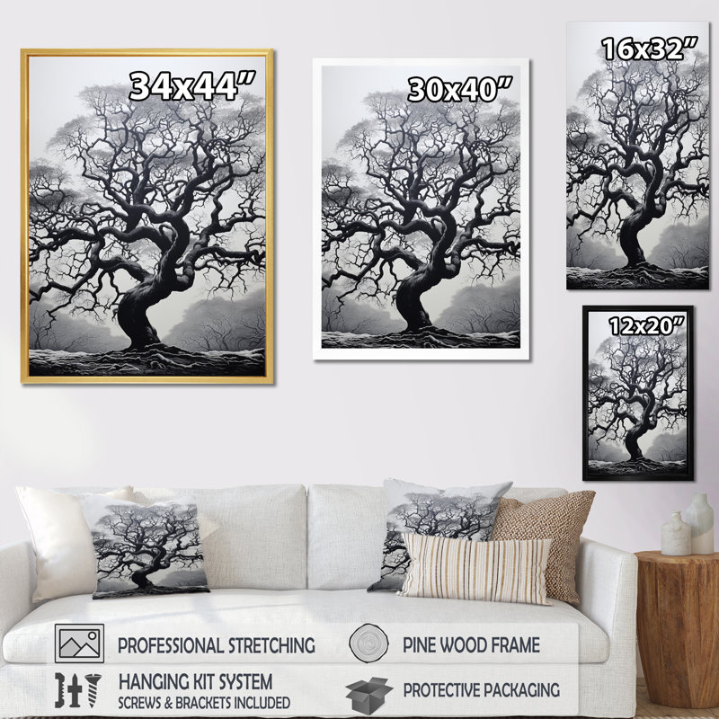 Grey Monochromatic Tree Serenade II - Print on Canvas, Black Picture Frame, 12" W x 20" H