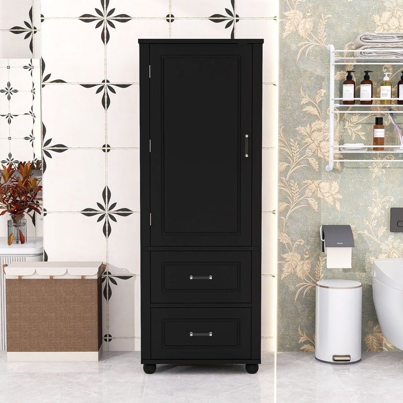 Grande armoire de salle de bain avec deux tiroirs et tablettes réglables, Noir