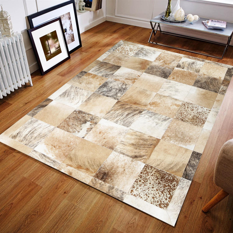 Earth Tones Cowhide Patchwork Rug - Handmade Leather Area Rug for Living Room, Bedroom - Multisize Floor Carpet