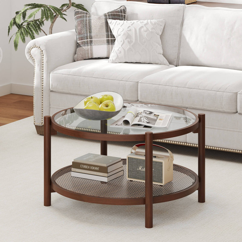 Table basse ronde en bois avec plateau en verre trempé fait à la main 31 po