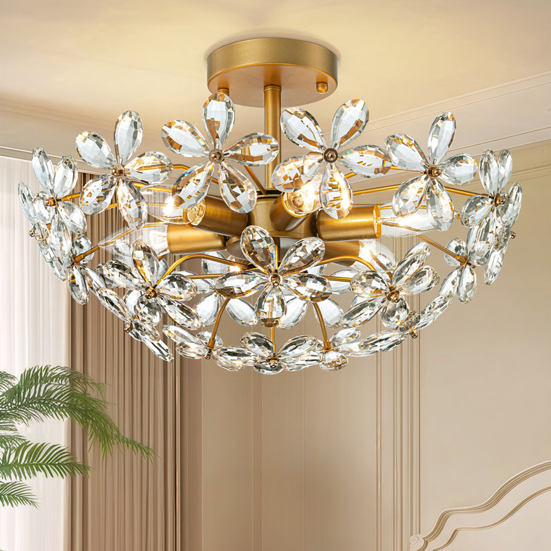 Kuol 6-Lights 17.7" Modern Dimmable Crystal Champagne Flower Semi Flush Mount Ceiling Light, Gold