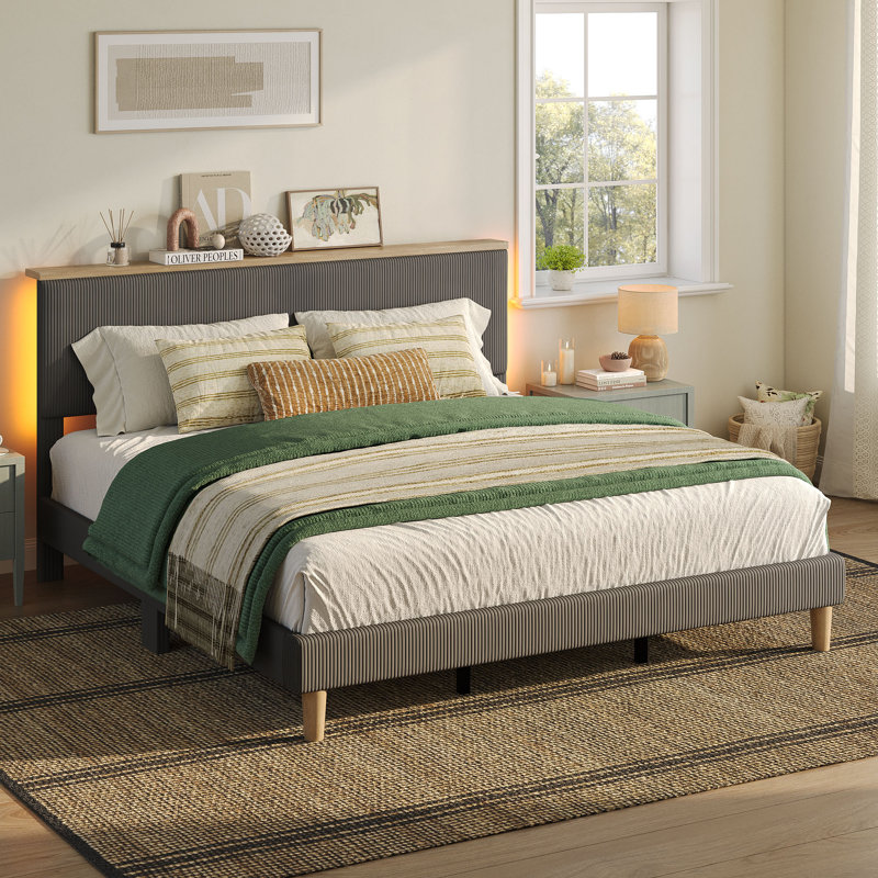 Velvet Upholstered Platform Bed Frame With Storage Headboard And LED Lights, Gray, Queen