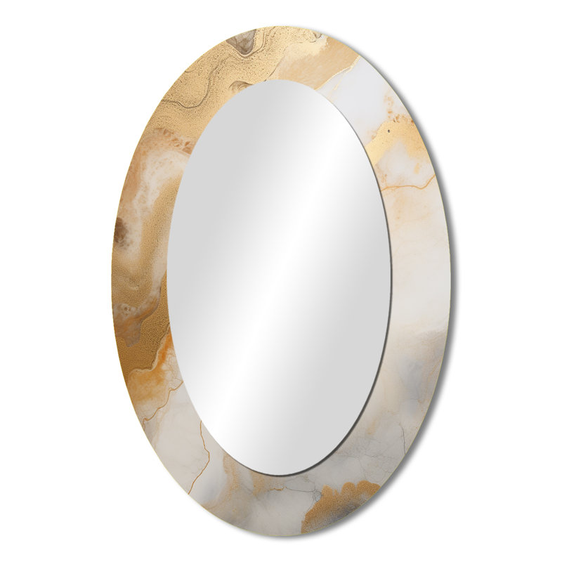 Peinture abstraite beige et or Geyser III - Grand miroir mural ovale sur métal, 36 po x 24 po