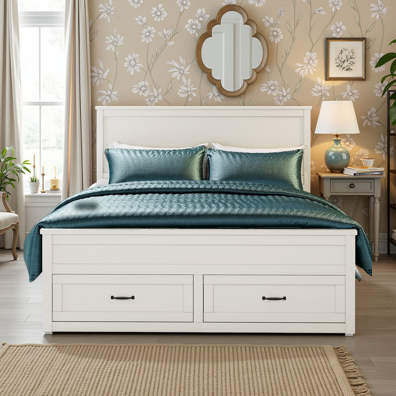 Queen Platform Bed with 6 Storage Drawers and Tall Headboard, White