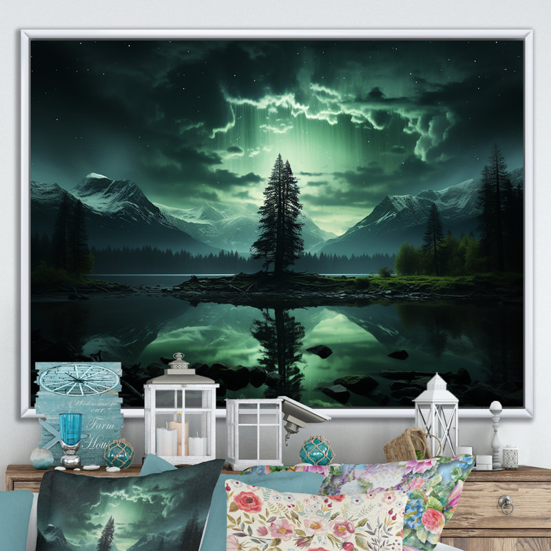 Arbre émeraude dans les aurores boréales II - arbre, art mural, Cadre flottant blanc, H 34 po x l 44 po x P 1,5 po