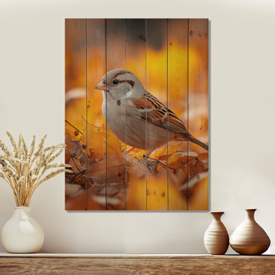 Oiseau moineau dans les feuilles d'automne - Décoration murale en bois d'oiseau - sur bois de pin naturel
