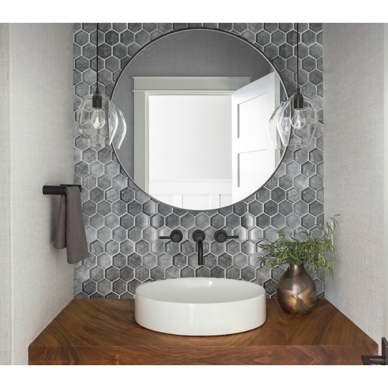 1.9" x 1.9" Glass Hexagon Mosaic Tile, Gray Fabric
