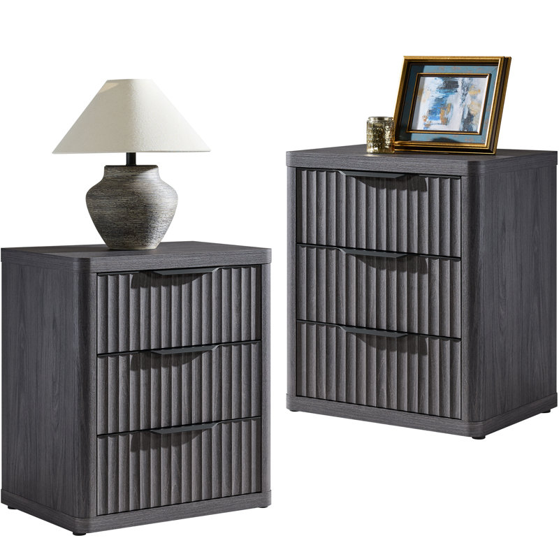 Table de chevet cannelée 25 tiroirs 25,6 po, Gris foncé, Ensemble de 2