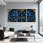 Plantes et fleurs fleurs bleues or ornement fond noir Design élégant trois panneaux d'art ensemble de 3 impressions sur toile-1082622966