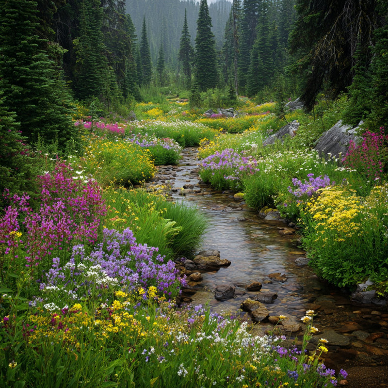 Art mural sur toile Alpine Stream Wildflowers, H 20 po x l 20 po x P 1,5 po