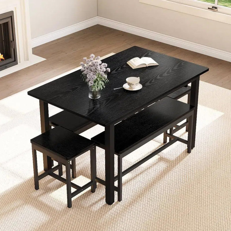 Ensemble de table de salle à manger extensible de 63 pouces pour 8 personnes avec 2 bancs et 2 tabourets carrés, table de salle à manger moderne noire
