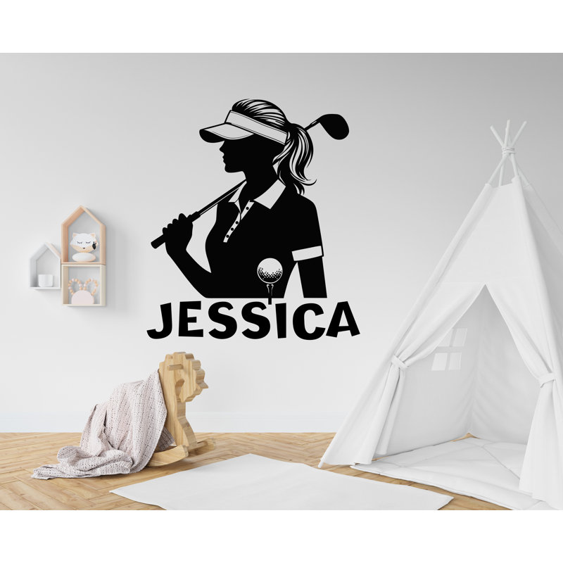 Adhésif mural personnalisé personnalisable golfeur féminin, autocollant mural personnalisé nom silhouette de golf, art mural amovible pour chambre à coucher ou salle de jeux 630DLU
