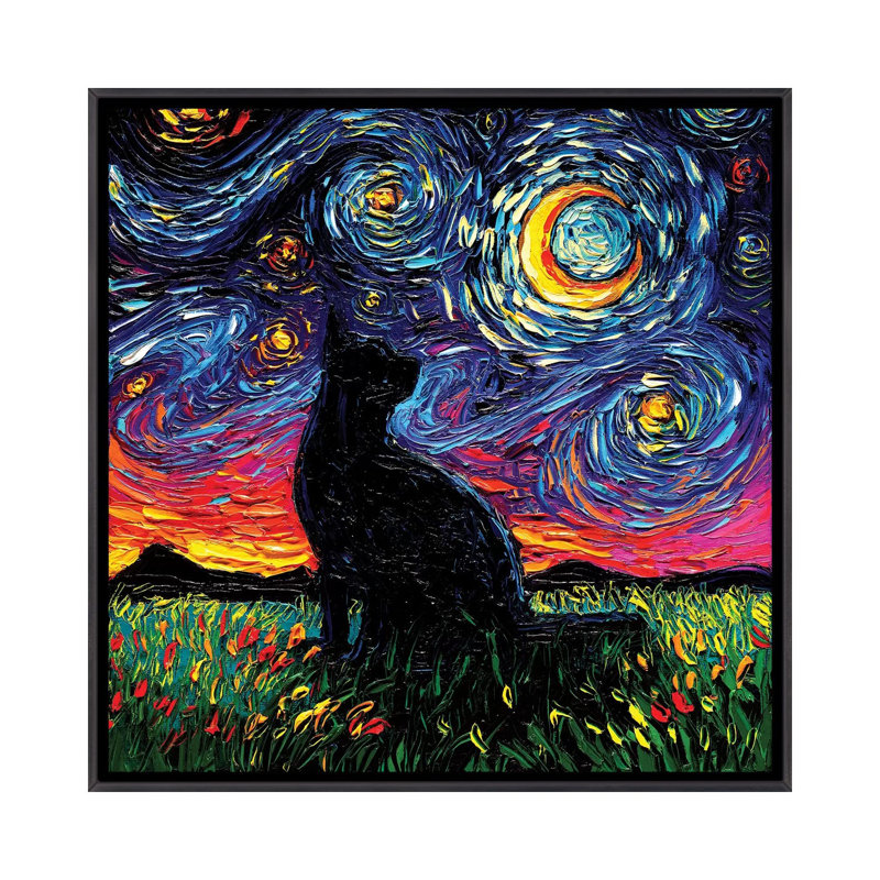 «Black Cat Night» par Aja Trêves - reproduction d'art, H 26 po x l 26 po x P 1,5 po, Toile avec cadre noir patiné