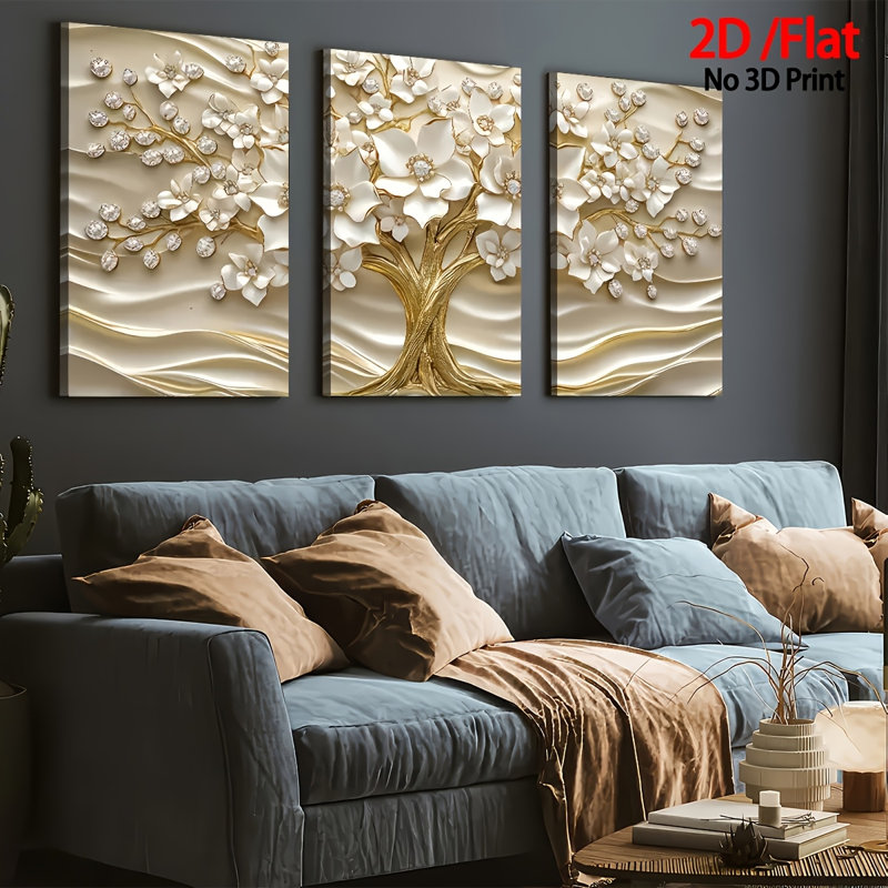 Impression sur toile 3 pièces Fortune Tree Gold & Diamond pour salon haut de gamme, 30 * 20 pouces 3 pièces
