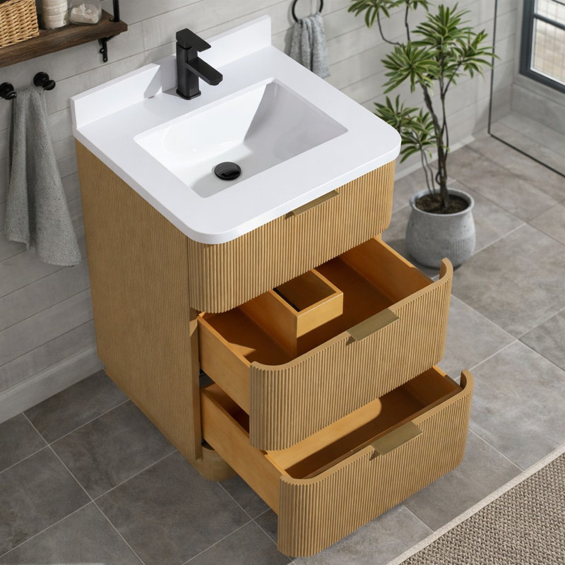 Calamigo 24'' Single Bathroom Vanity With Engineered Quartz Top, Oak