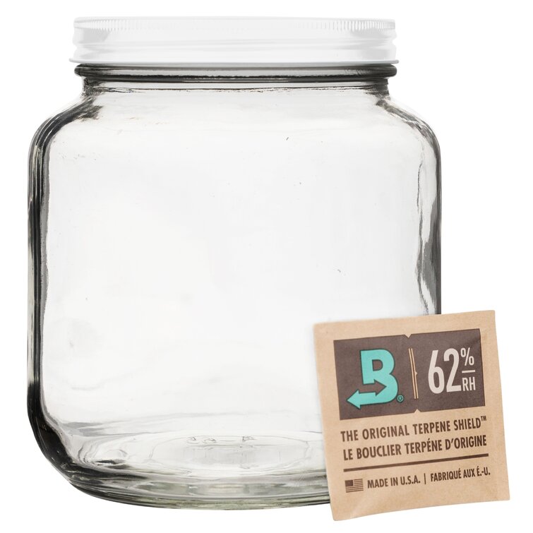 Smell Proof Jar Glass Container with Airtight Metal Lid - Includes Humidity Pack 62% Keeps Contents Fresh for Many Months - Large Capacity Stash Mason