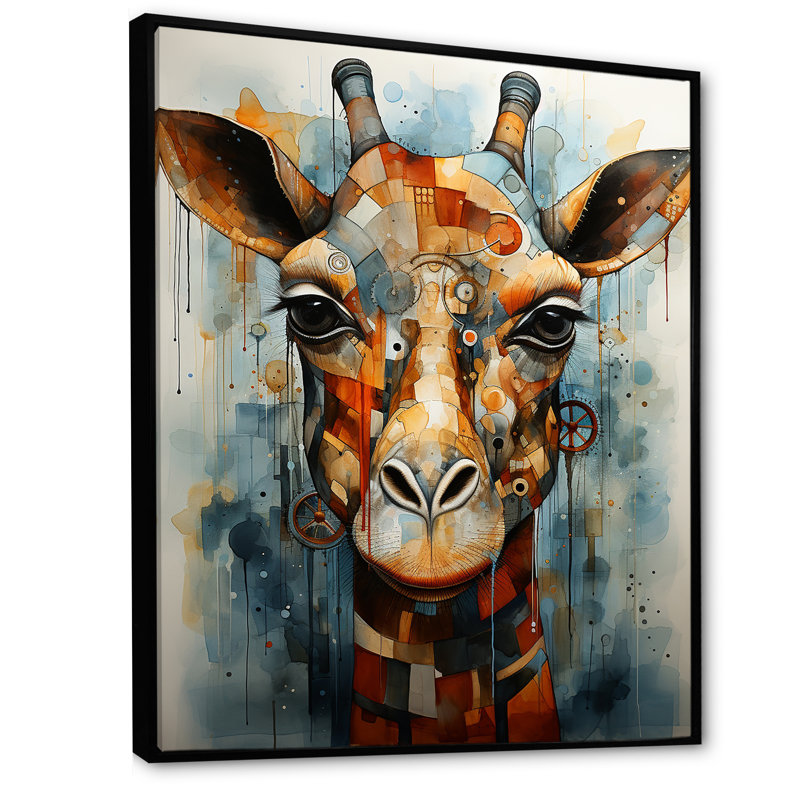 Portrait de girafe moderne - impression, Cadre flottant noir, H 32 po x l 16 po x P 1 po
