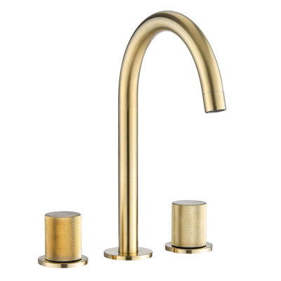 Robinet de salle de bain de 20 cm (8 pouces) en finition dorée brossée - Modèle à entraxe large avec deux poignées, dispositif de moussage pour un débit d'eau optimal, bec pivotant à 360° pour une utilisation et un accès faciles.