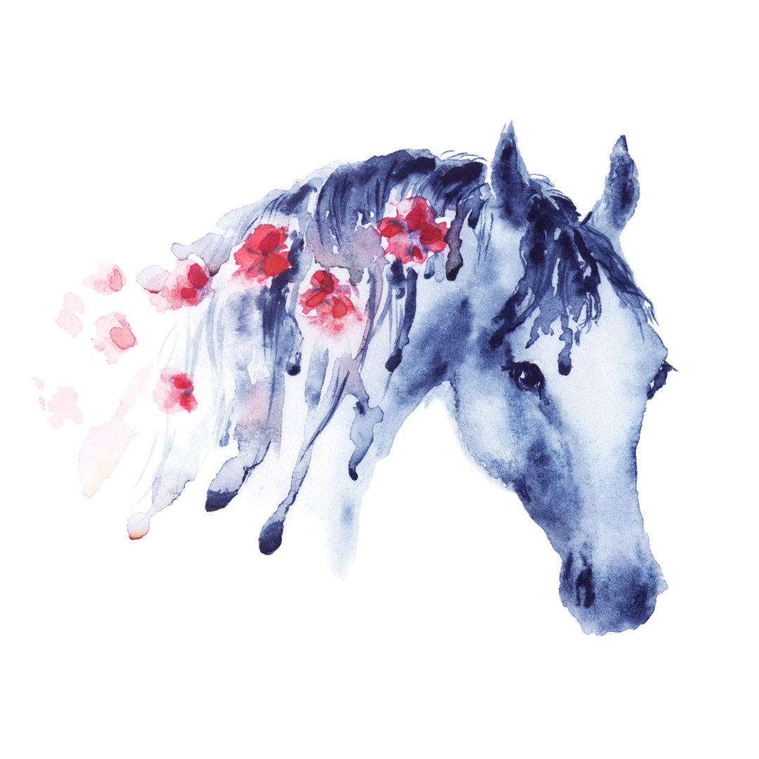 Violet Watercolor Horse Head Portrait With Red Flowers In Mane by Larisa_zorina - Wrapped Canvas Painting
