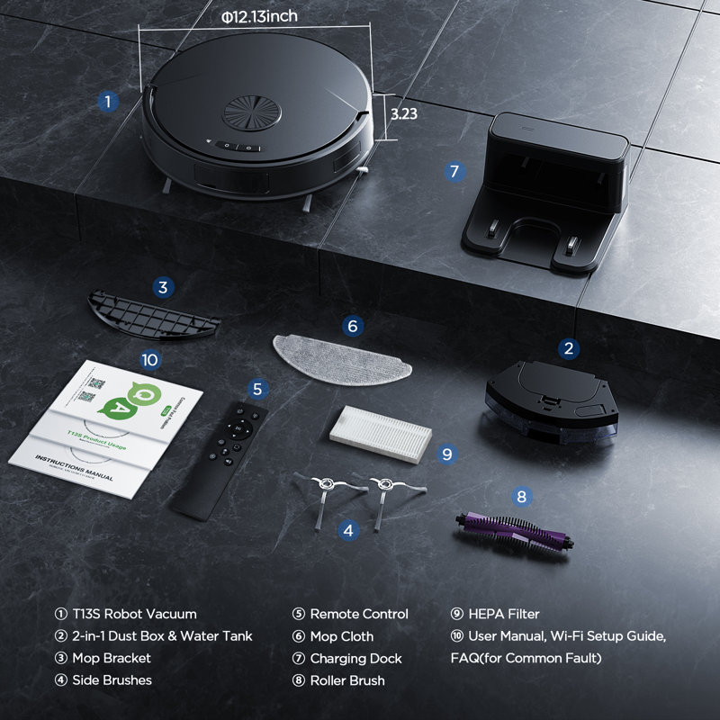 Robot aspirateur et vadrouille combinés avec aspiration 8000 Pa, ultra-mince, autonomie de 120 minutes, auto-charge, application et télécommande