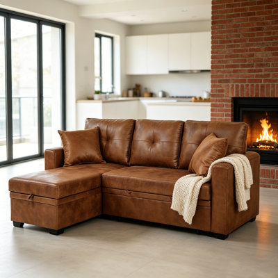 Sleeper Sofa, Sectional with Pull-Out Bed, Reversible Chaise, Storage Sectional, Light Brown breathable fabric, Small Space Solution, Convertible Sofa Bed, Living Room Furniture, L-Shaped Sofa