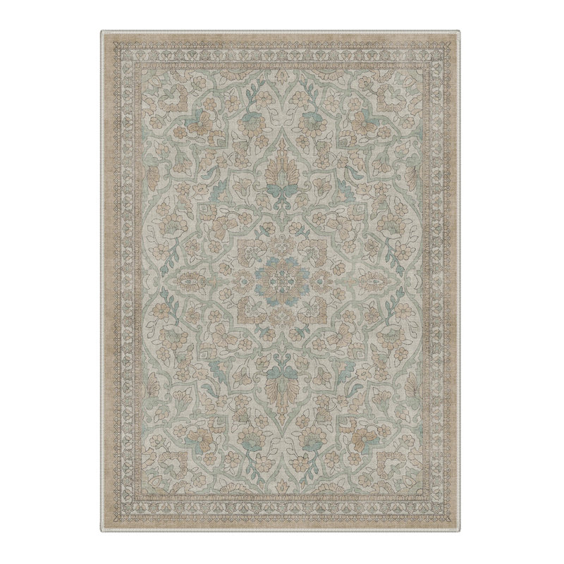 Floret Vintage Floral Machine Washable Grey / Brown Indoor Area Rug with Non-Slip Backing, Rectangle 6' x 9'