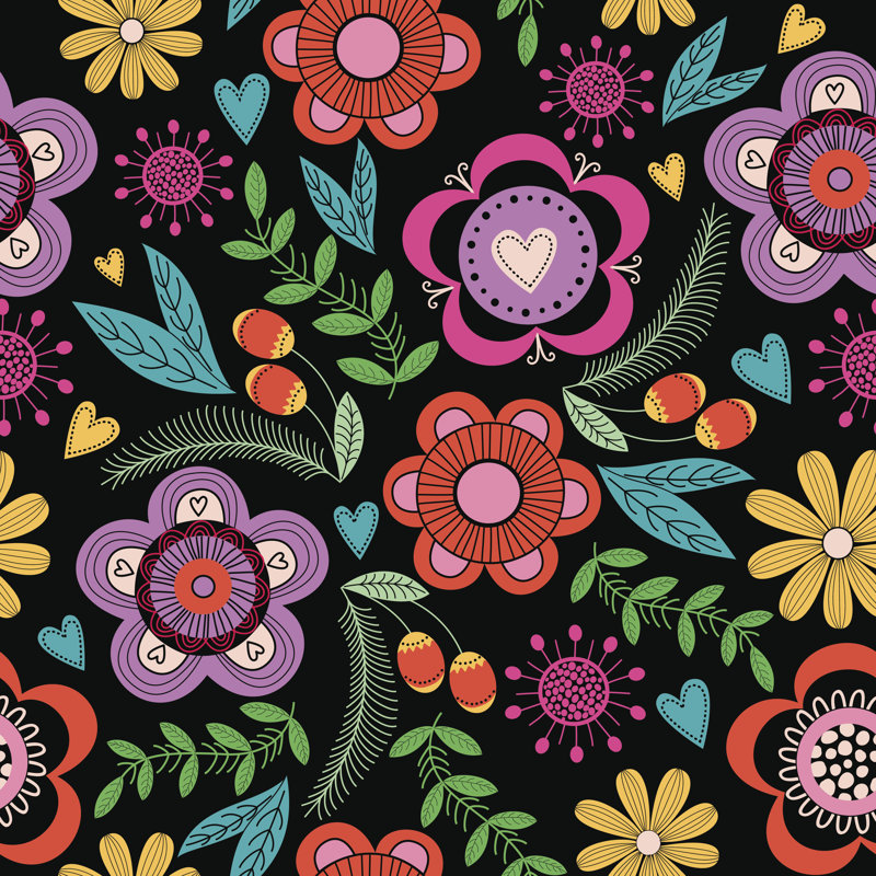 Seamless Floral Pattern On Black Background by BellonaAhillia - Wrapped Canvas Print, 30cm H x 30cm W