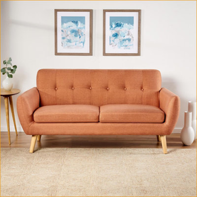 Causeuse en tissu Mid-Century moderne | Point de gaufres à boutons touffetés | Petits espaces l 67,25 po | Orange brûlé