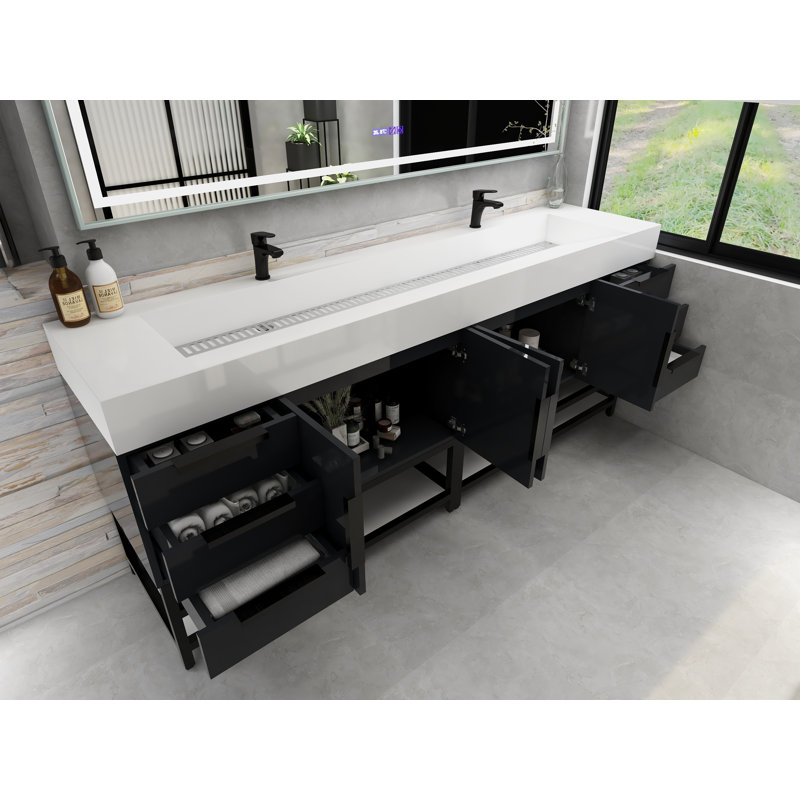 Jessica 84'' Single Bathroom Vanity with Stone Top, Gloss Gray