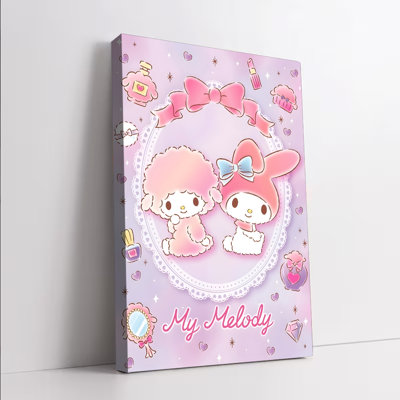 1PC, art mural encadré, mignon My Melody, art mural sur toile mauve pastel, adorables personnages de dessins animés, motifs d'arc et de cœur pour chambre d'enfant, chambre à coucher, salon, décoration de la maison
