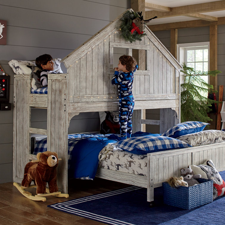 Rustic Loft Full/Double Bed Frame with Pine Wood Headboard in Brushed Driftwood
