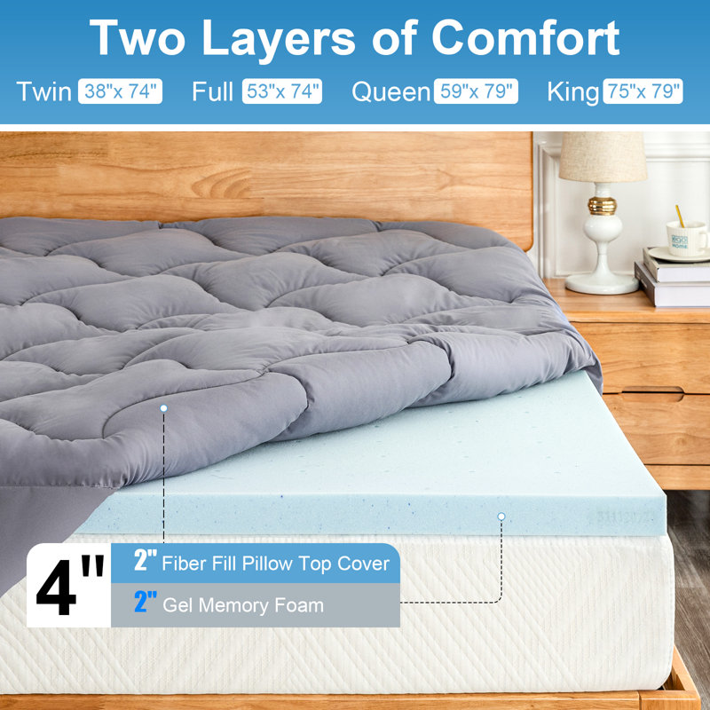 Macdougal Double Layer 4-Inch Mattress Topper, Including 2'' Gel Memory Foam Topper + 2'' Quilted Mattress Cover Set, Queen