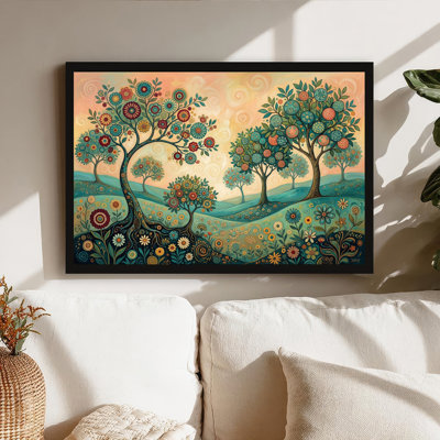 «Teal and Orange Stylized Trees on Rolling Hills Landscape», art mural sur toile
