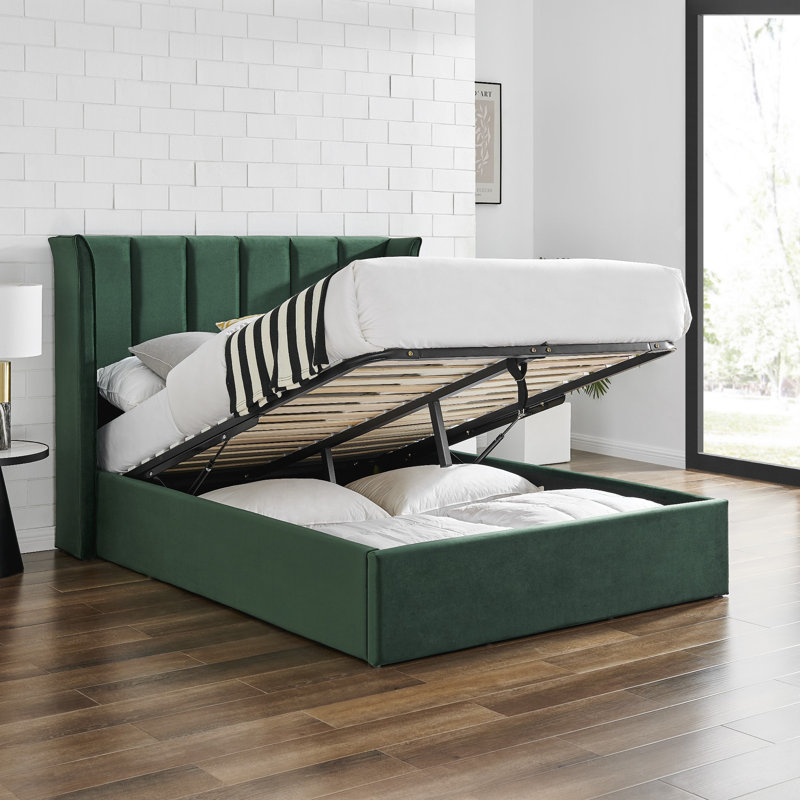 Ashok Upholstered Ottoman Storage Bed, Double (135 x 190 cm), Green