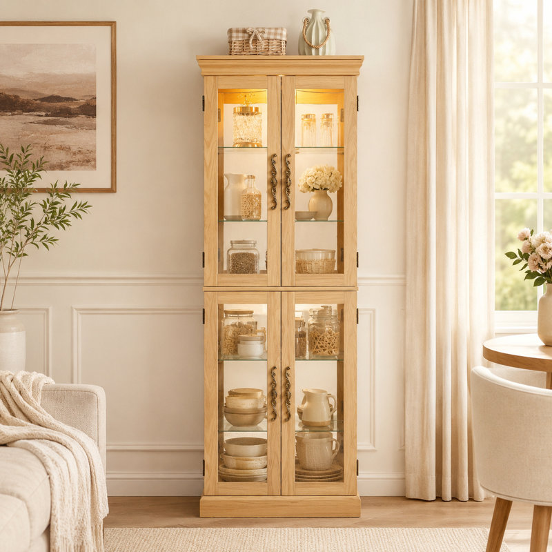 Vitrine de coin spacieuse avec portes en verre trempé, chêne clair, Chêne clair