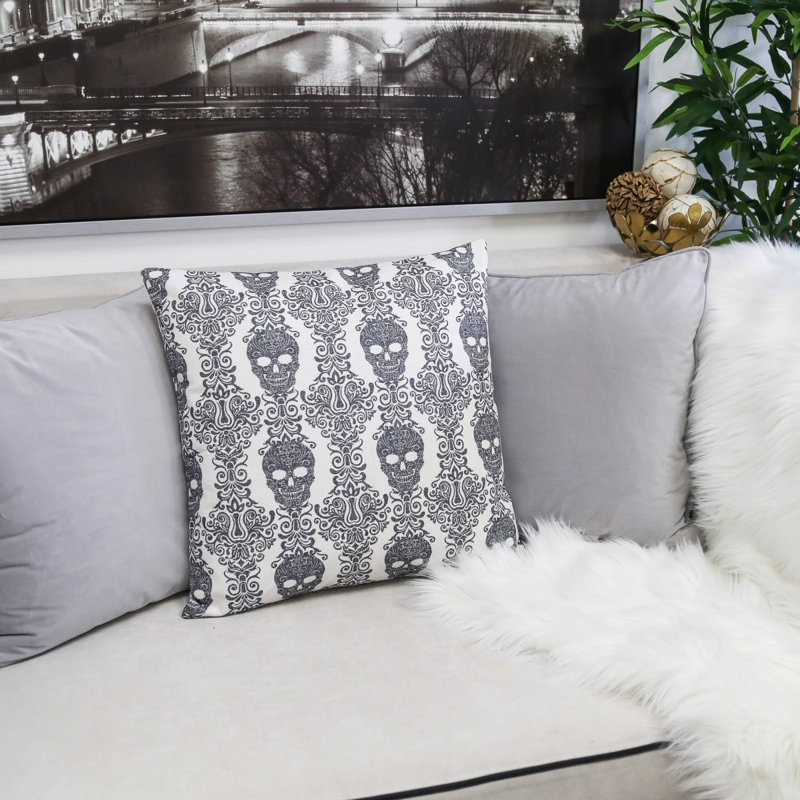Coussin Gothic Damask Skull - Lin en coton noir et blanc
