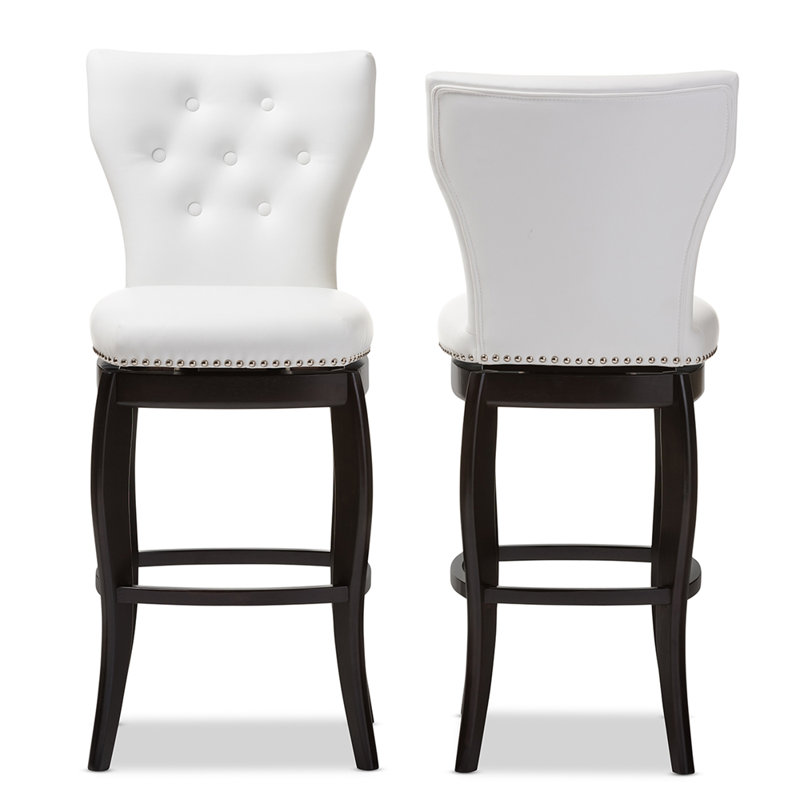 White Faux Leather Button-Tufted Swivel Bar Stools with Dark Wood Legs, Set of 2