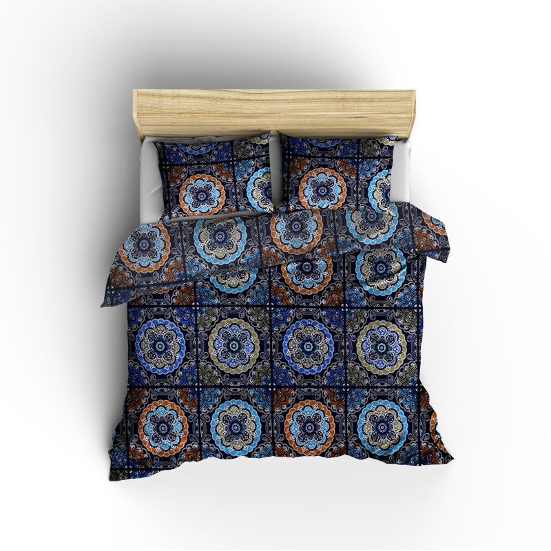 Ensemble de housse de couette en mélange de coton Giusto, Bleu royal / moutarde / beige