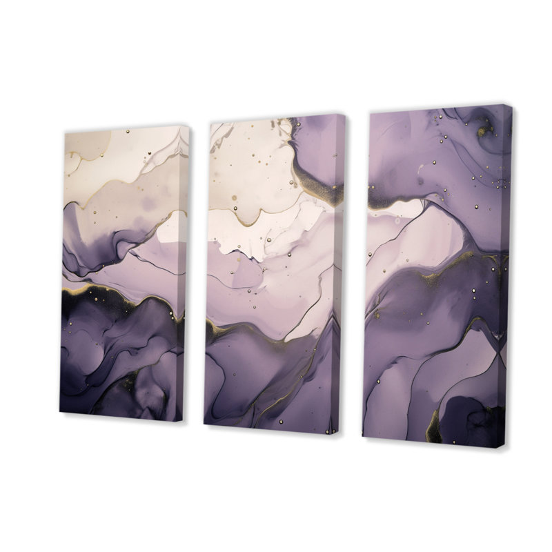 Mauve et gris, nuages d'encre marbrés - impression sur toile tendue 3 pièces, H 28 po x l 36 po x P 1 po