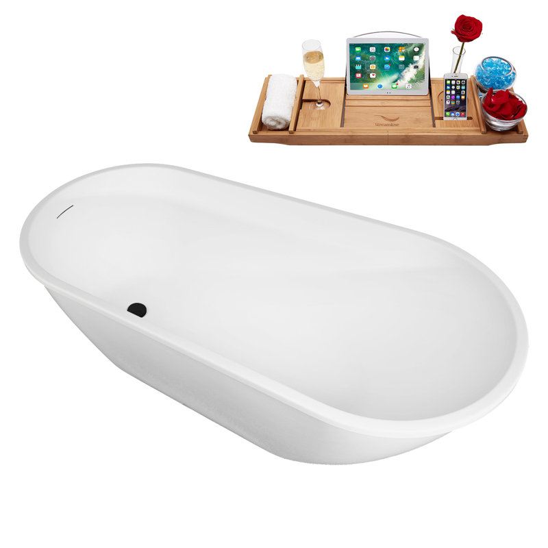 61" Streamline Soaking Freestanding Tub and Tray With Internal Drain, Matte Black