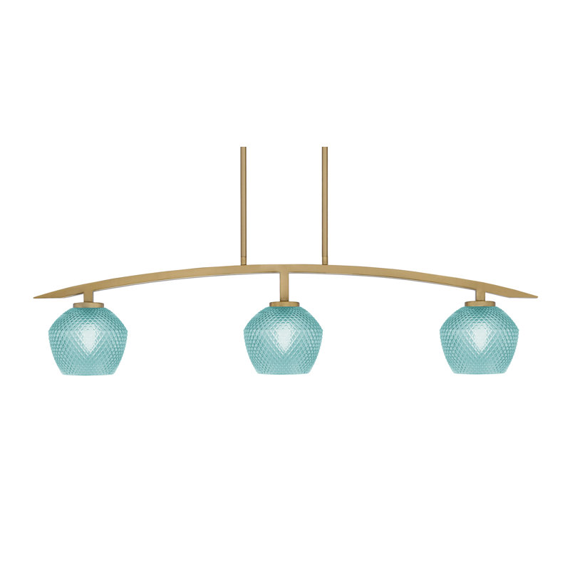 Luminaire pour îlot de cuisine 3 lumières kurve au fini laiton vieilli avec verre texturé de 6 po, Sarcelle